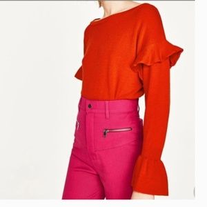 Zara knitwear orange ruffle detail sweater- Size S